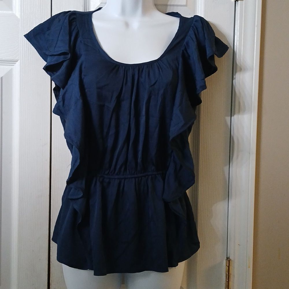 Kenar navy blue silk look ruffle side detail flirty night out blouse Sz M NWOT